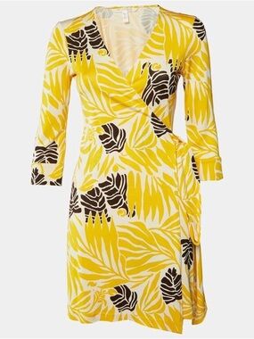 Diane von Furstenberg Vintage Yellow Printed Silk Julian Mini Wrap Dress 12